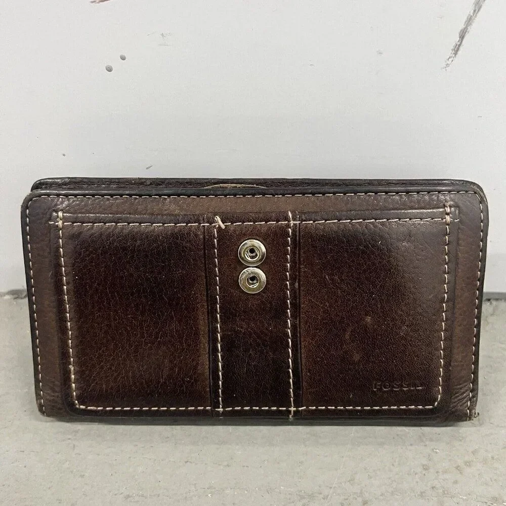 Vintage Fossil Brown Leather Women's Wallet‎ Multi-Compartment Checkbook Snap